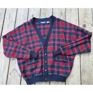 Pendleton XL Vintage Plaid Wool Cardigan Button Front USA Made Red Blue READ